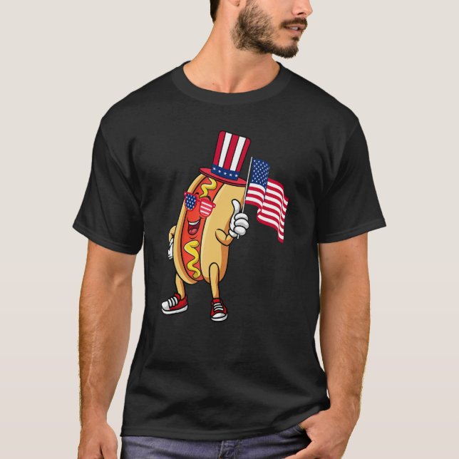 Hot Dog Sunglasses American Flag USA  4th Of July T-Shirt (Front)