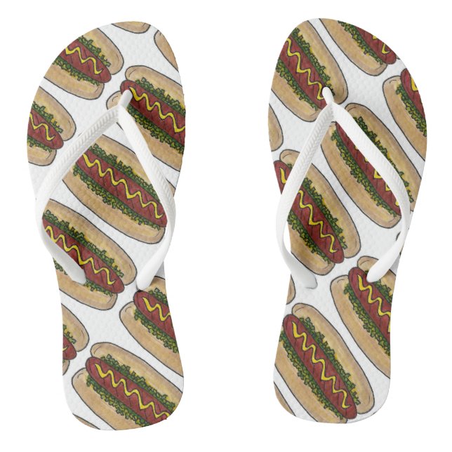 Hot Dog w/ Mustard and Relish Foodie Hotdog Print Flip Flops (Footbed)