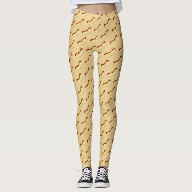 Hot Dog w/ Yellow Mustard Fast Food Foodie Hotdog Leggings (Front)