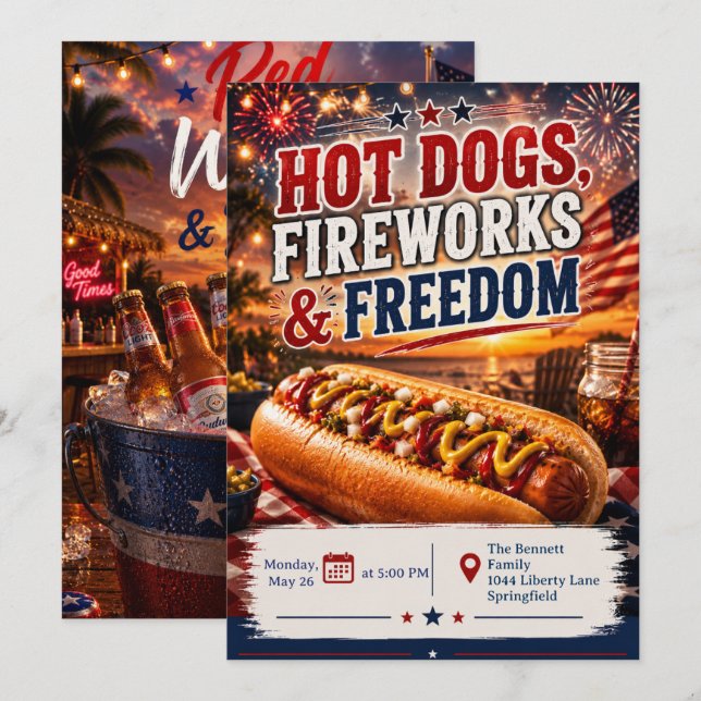 Hot Dogs Fireworks and Freedom Invitation (Front/Back)