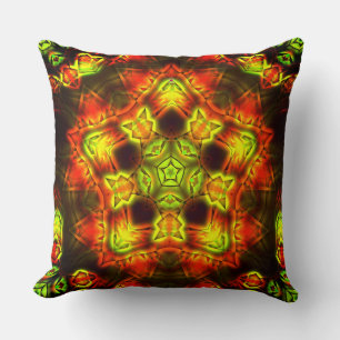 Hot ember colour stars kaleidoscope on lime green cushion