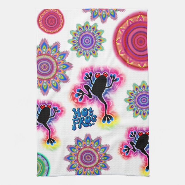 Hot Frog Surf psychedelic BoHo kitchen towel. Tea Towel (Vertical)