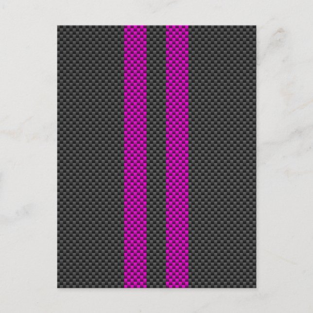 Hot Fuchsia Pink Racing Stripes Carbon Fibre Style Postcard (Front)
