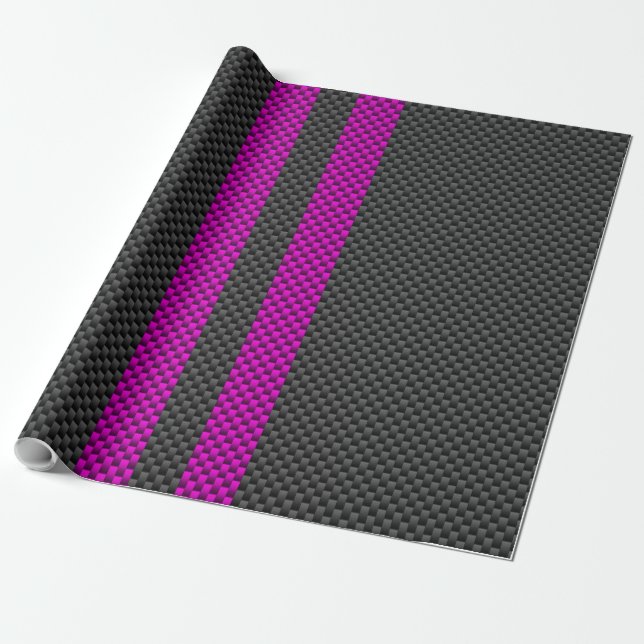 Hot Fuchsia Pink Racing Stripes Carbon Fibre Style Wrapping Paper (Unrolled)