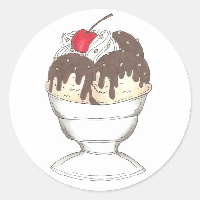 Hot Fudge Ice Cream Sundae Cherry Dessert Foodie Classic Round Sticker (Front)