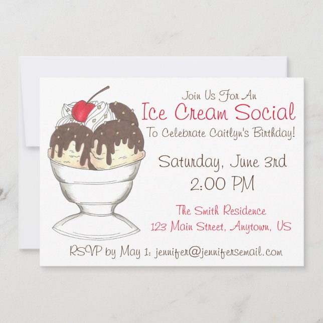 Hot Fudge Sundae Ice Cream Social Birthday Party Invitation (Front)