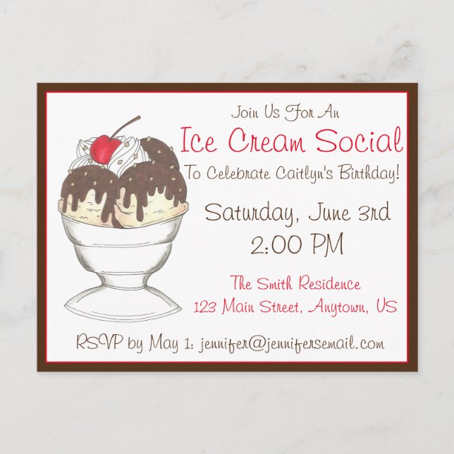 Hot Fudge Sundae Ice Cream Social Birthday Party Invitation Postcard (Front)