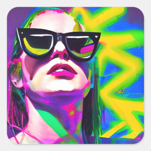 Hot Girl in Sunglasses Unique Modern Art Square Sticker