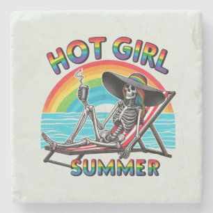 Hot Girl Summer Skeleton Retro Beach Design Stone Coaster