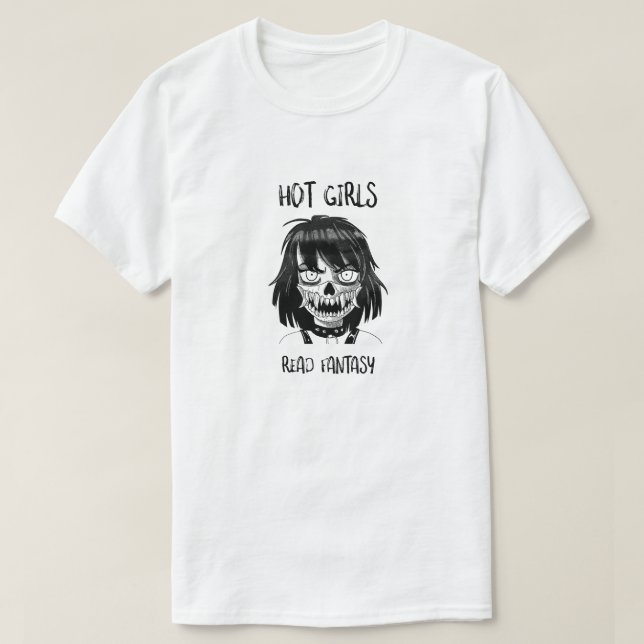 HOT GIRLS READ FANTASY SHARP TEETH B/W MANGA CHARA T-Shirt (Design Front)