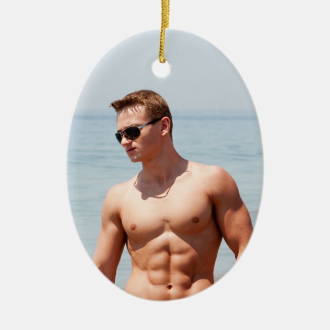 Hot Guy Bare Chest Muscular Abs Beach Shirtless Ceramic Tree Decoration (Front)