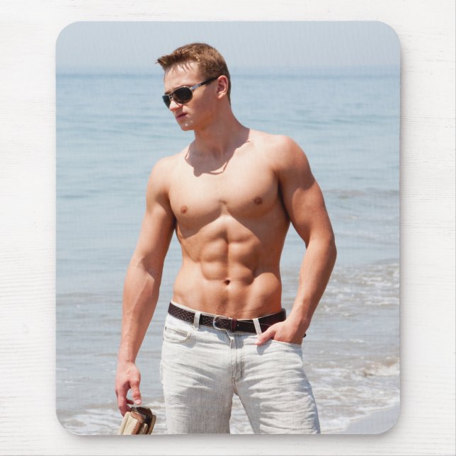Hot Guy Bare Chest Muscular Abs Beach Shirtless Mouse Mat (Front)