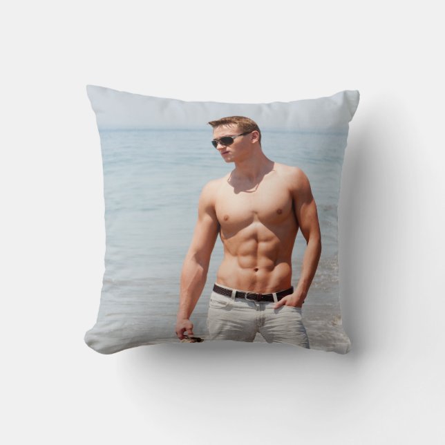 Hot Guy Bare Chest Muscular Abs Beach Shirtless Po Cushion (Front)