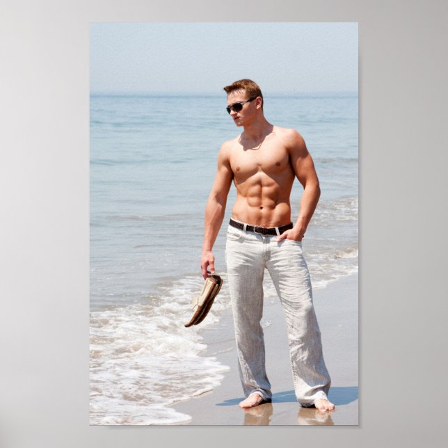 Hot Guy Bare Chest Muscular Abs Beach Shirtless Poster (Front)