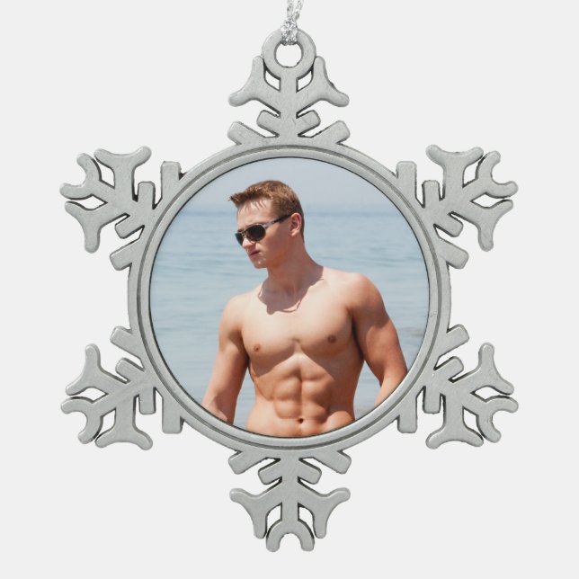 Hot Guy Bare Chest Muscular Abs Beach Shirtless Snowflake Pewter Christmas Ornament (Front)