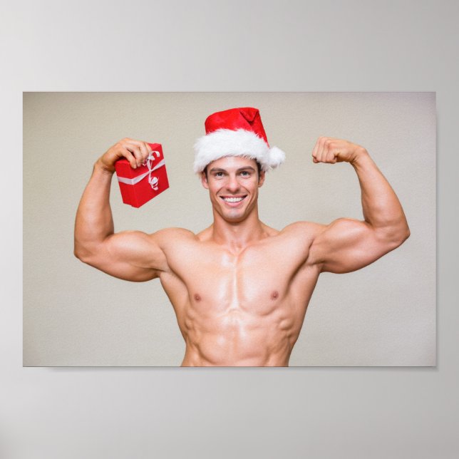 Hot Guy Flexes Biceops Santa Hat Sexy Shirtless Poster (Front)