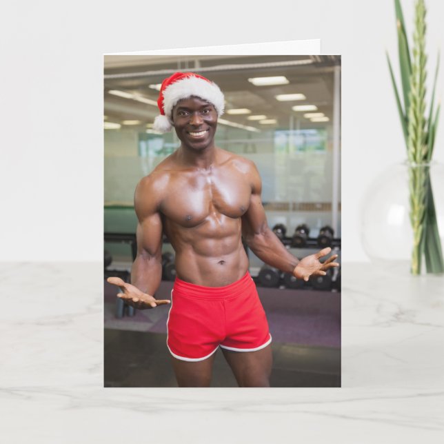 Hot Guy Santa Hat Red Shorts Shirtless Christmas Card (Front)