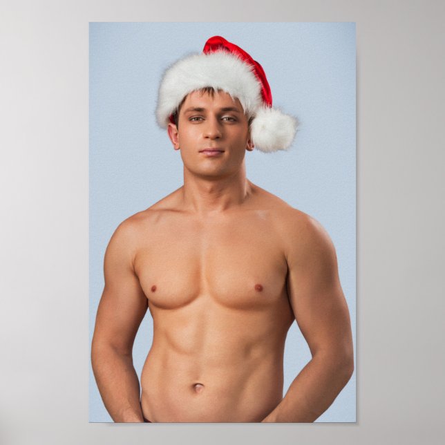Hot Guy Sexy Shirtless Muscle Man Santa Hat Hunk Poster (Front)