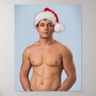 Hot Guy Sexy Shirtless Muscle Man Santa Hat Hunk Poster