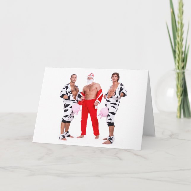Hot Guys Muscular Men Santa Outfit Funny Christmas Card (Front)