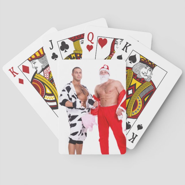 Hot Guys Muscular Men Santa Outfit Funny Christmas Playing Cards (Back)