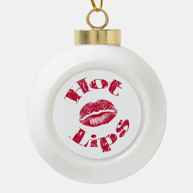 Hot Lips, Red Lips Ceramic Ball Christmas Ornament (Front)
