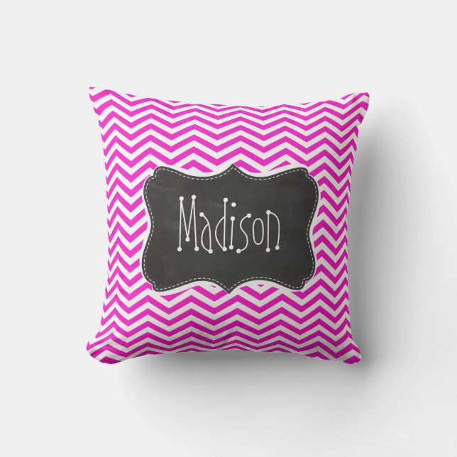 Hot Magenta Chevron Stripes; Retro Chalkboard look Cushion (Front)