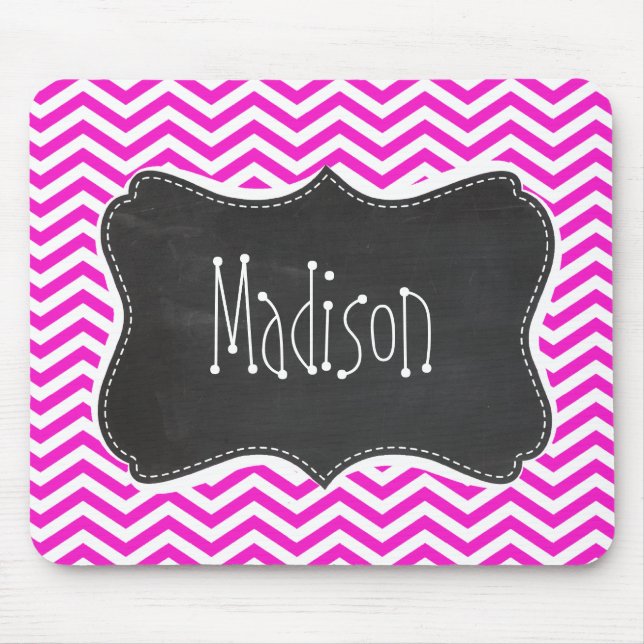 Hot Magenta Chevron Stripes; Retro Chalkboard look Mouse Mat (Front)