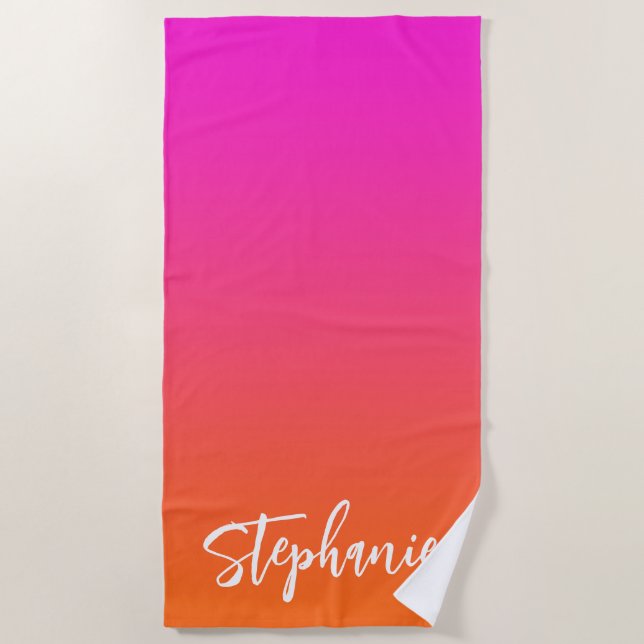 Hot Magenta Pink Bright Orange Ombre Script Name Beach Towel (Front)