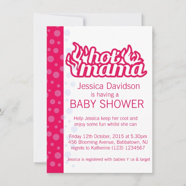 Hot mama baby shower hot pink blue dots invitation (Front)
