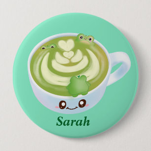 Hot Matcha Green Tea Latte With Cute Frogs 10 Cm Round Badge