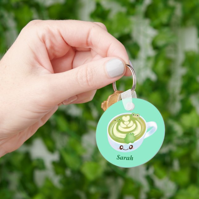 Hot Matcha Green Tea Latte With Cute Frogs Key Ring (Hand)