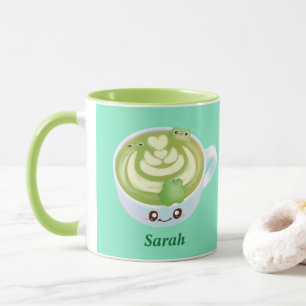 Hot Matcha Green Tea Latte With Cute Frogs Mug
