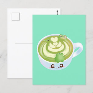 Hot Matcha Green Tea Latte With Cute Frogs Postcard