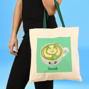 Hot Matcha Green Tea Latte With Cute Frogs Tote Bag