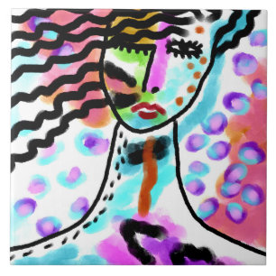 Hot Mess Abstract Digital Portrait of a Woman Tile