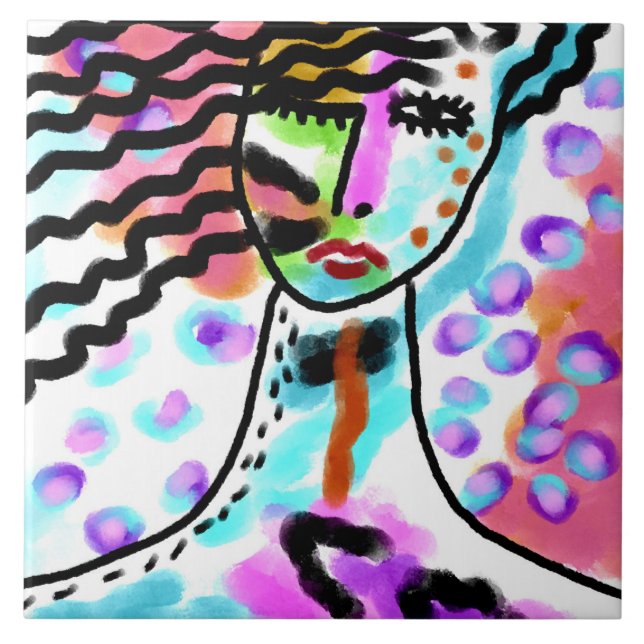 Hot Mess Abstract Digital Portrait of a Woman Tile (Front)