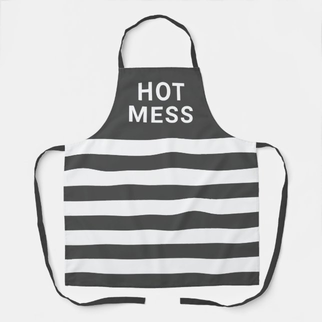 Hot Mess Funny Saying Grey White Striped Apron (Front)
