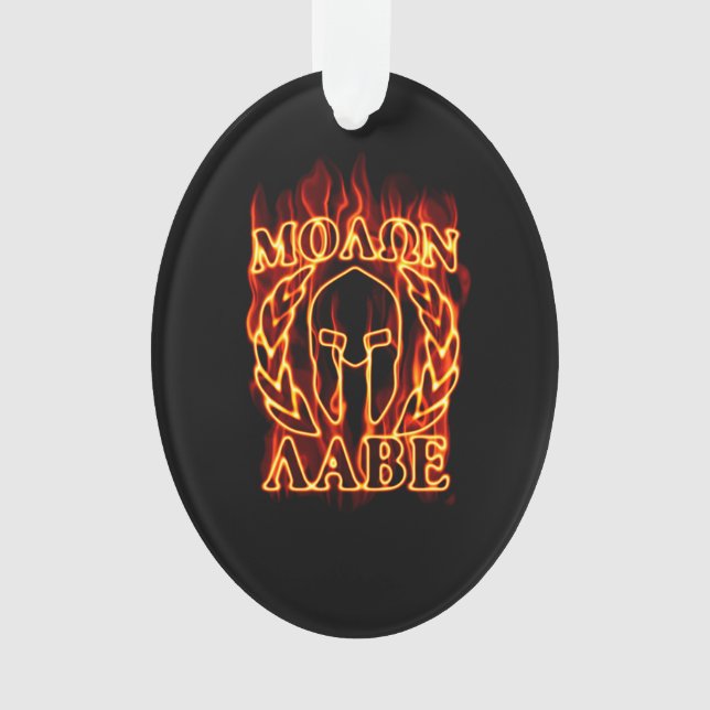 Hot Molon Labe Spartan Warrior Mask on Fire Ornament (Front)
