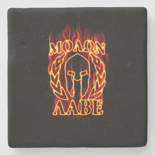 Hot Molon Labe Spartan Warrior Mask on Fire Stone Coaster