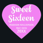 Hot Neon Pink 16th Birthday Party Personalised Heart Sticker<br><div class="desc">Add a colourful touch to your Sweet Sixteen party invitations, party favour bags and thank you notes. Bright white text looks beautiful against the bright pink background. your name and birthday date are added to make it more special. You can change the background colour to any shade of pink you...</div>