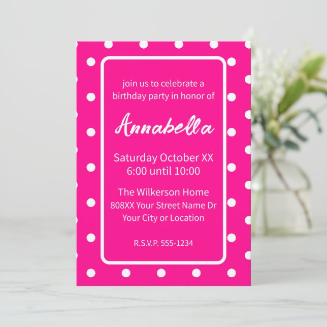 Hot Neon Pink and White Polka Dots Birthday Party Invitation (Standing Front)