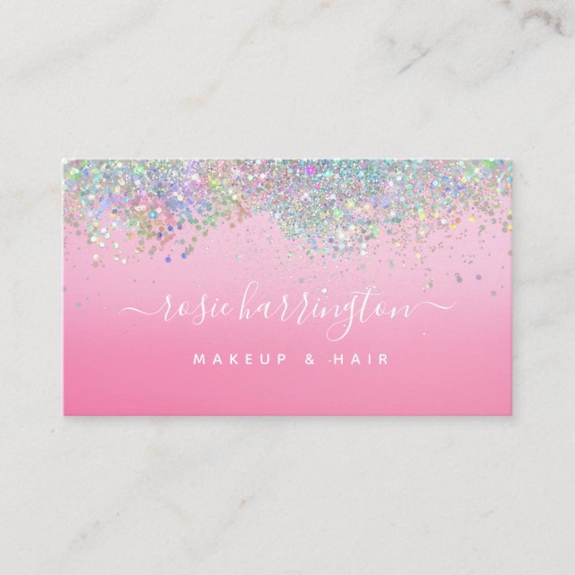 Hot Neon Pink Holographic Glitter Makeup Artist Business Card (Front)