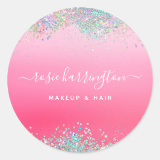 Hot Neon Pink Holographic Glitter Makeup Artist Classic Round Sticker