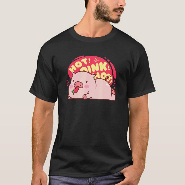 Hot Oink Hot Pig Eating Pepper Cute Food T-Shirt (Front)