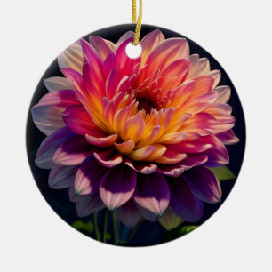 Hot Orange and Pink Dahlia Flower Ceramic Tree Decoration