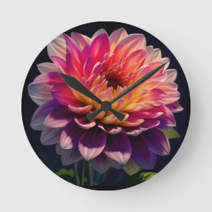 Hot Orange and Pink Dahlia Flower Round Clock