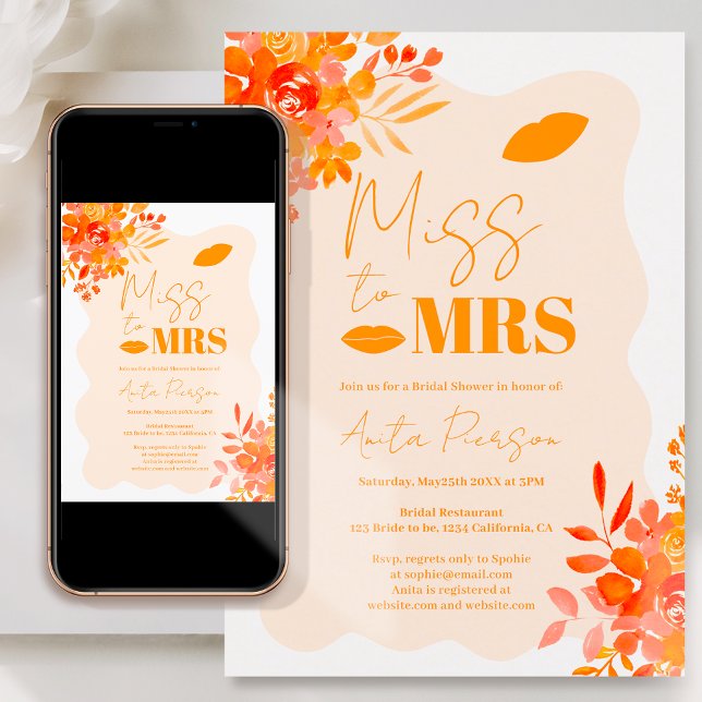 Hot orange wavy frame boho floral bridal shower invitation (Creator Uploaded)