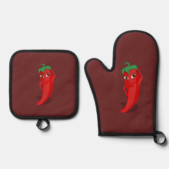 Hot Pepper Diva Drawing Custom Red Oven Mitt & Pot Holder Set (Front)