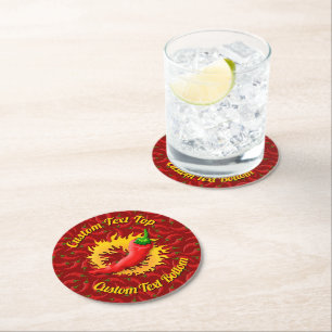 Hot Pepper with Flame Round Paper Coaster